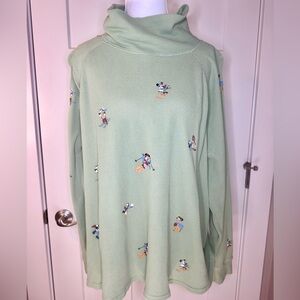 Disney Waffle Knit Ski Print Cowl Neck Pullover Sweatshirt XL Sage Green